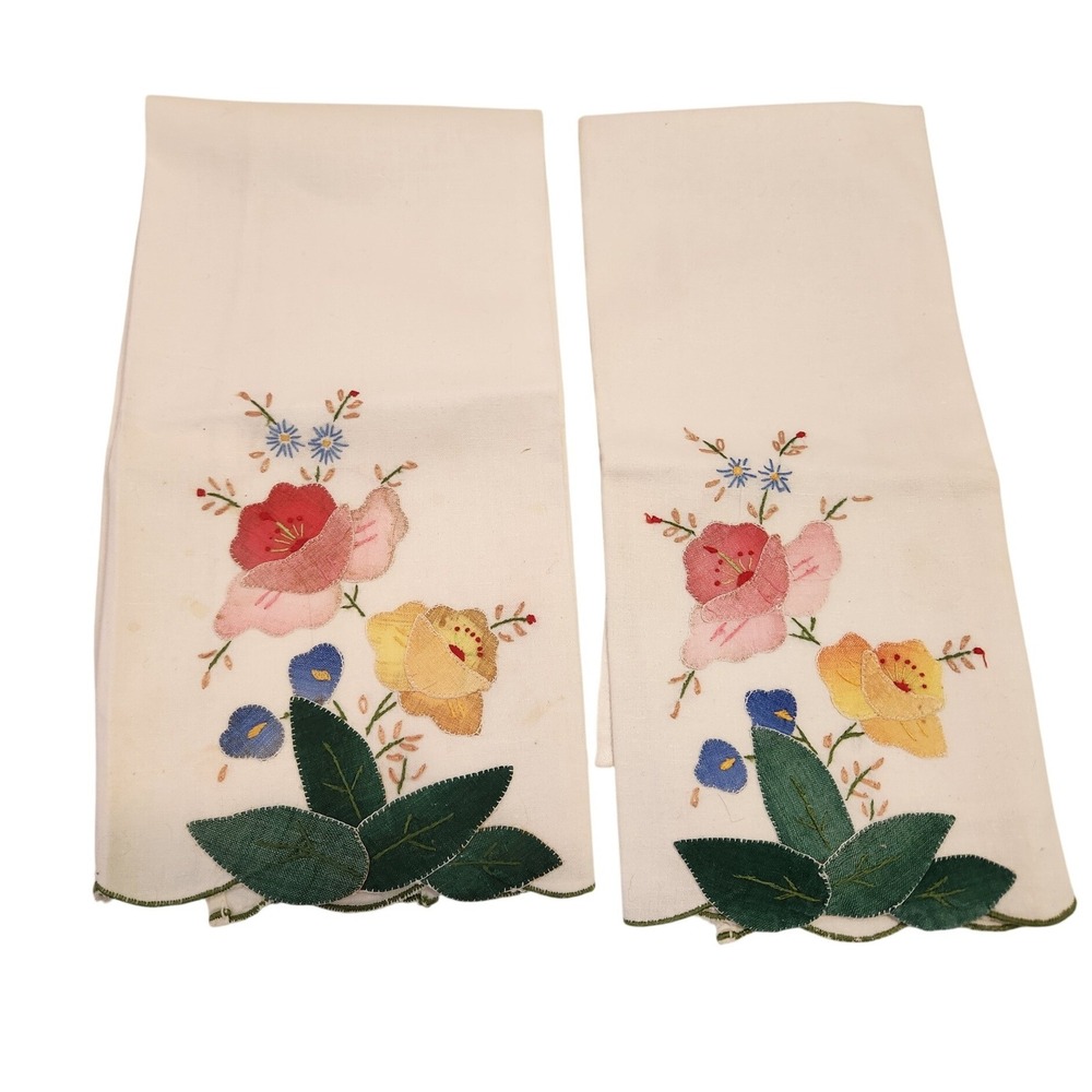 Embroidered Floral Tea‎ Towels Set of 2 White Vintage Kitchen Decor